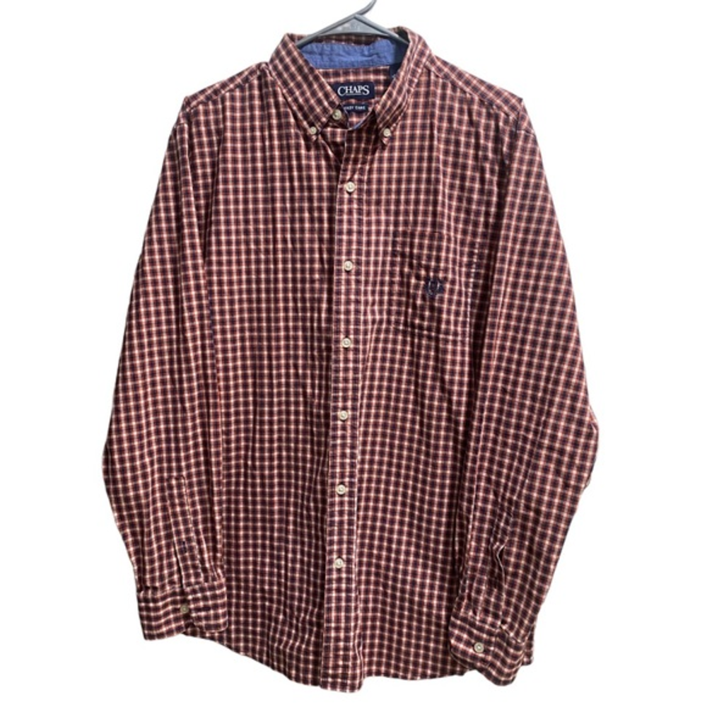 Chaps Easy Care Long Sleeve Orange & Blue Plaid Button Down Shirt Size Large EUC